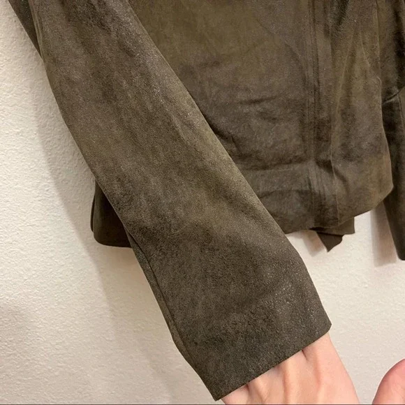 Zara Faux Suede Olive Green Draped Asymmetrical Zip Up Moto Jacket - Picture 7 of 12